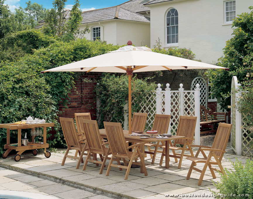 Barlow Tyrie Parasol, Table and Bar cart, available at Didriks