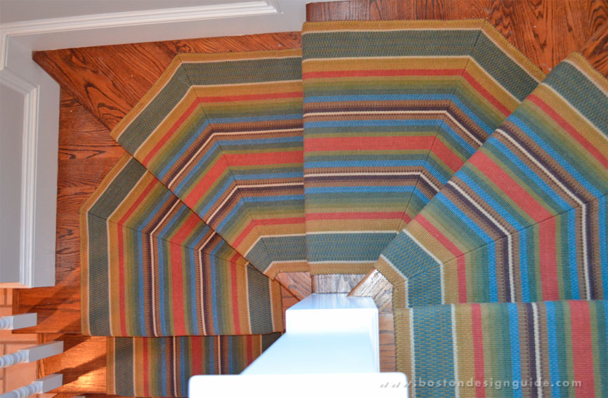 This wool remnant was fabricated at The Carpet Workroom for a stair runner with four turns. 