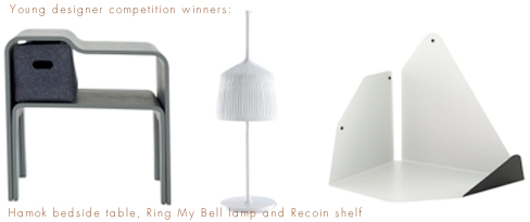 Young designer competition winners: Hamok bedside table, Ring My Bell lamp and Recoin shelf
