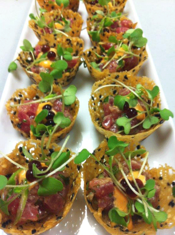 Bakers Best’s tuna tartare in miso cups with soy pearls; photo courtesy of Baker’s Best