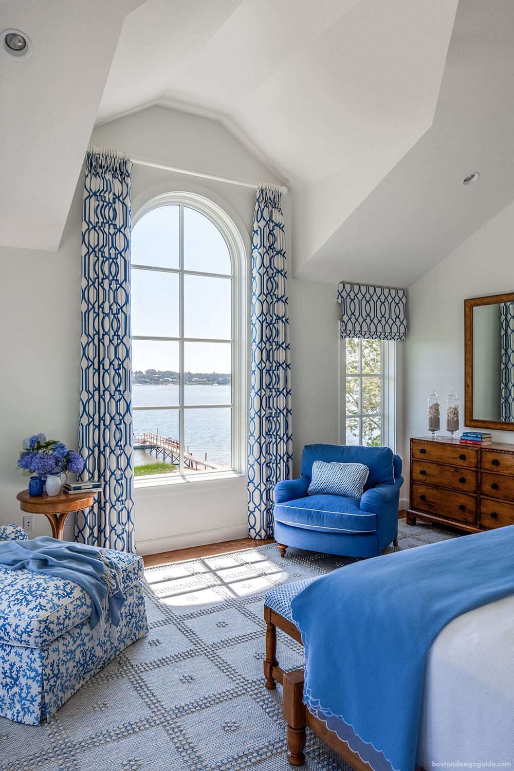 Contemporary white blue bedroom interior design in New England Cape Cod