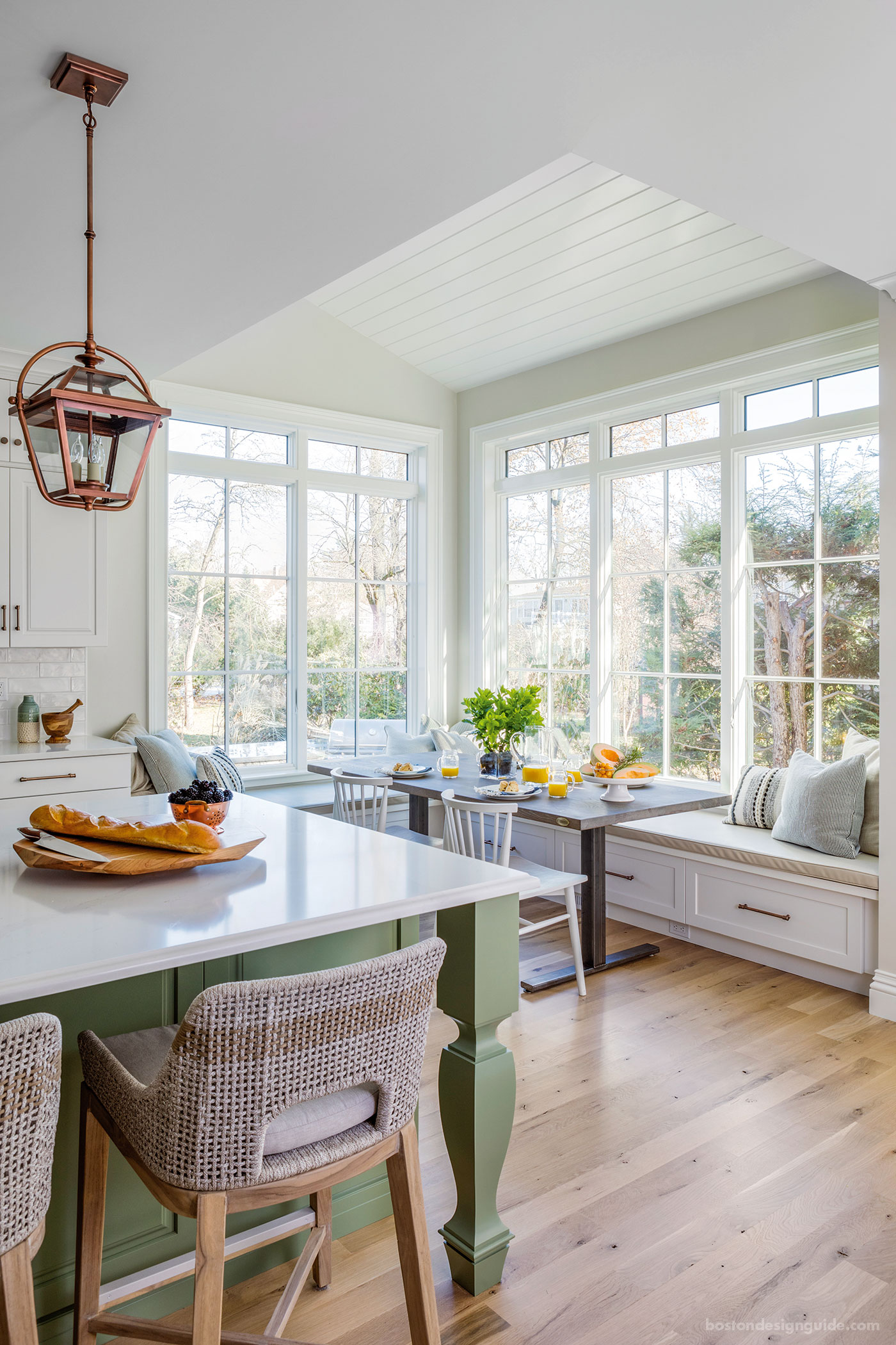 A shiplap ceiling constructed for a breakfast nook by Hawthorn Builders